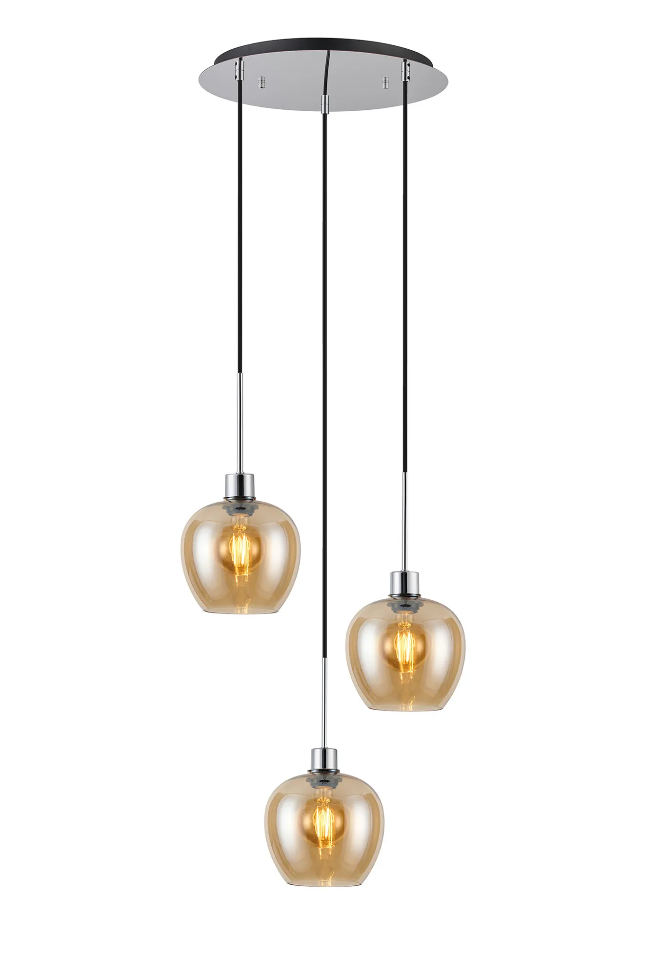 Lori 40cm Round Pendant, 3 Light Adjustable E27, Polished Chrome/Amber Wine Shades DK1276  Deco Lori Polished Chrome